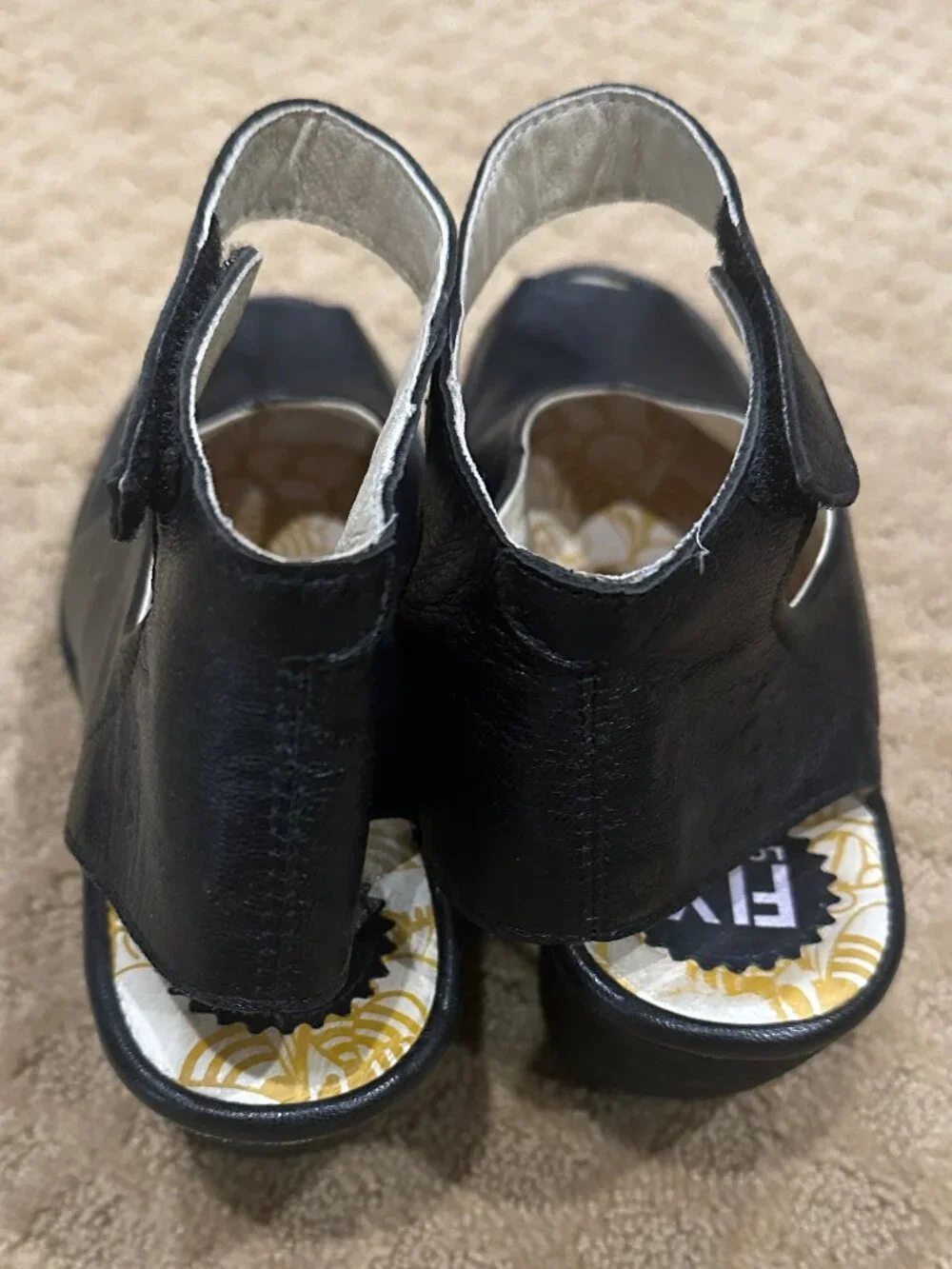 Fly London Ankle Wrap Slingback Peep Toe Black Mousse Chunky Wedge Sandals SZ 40